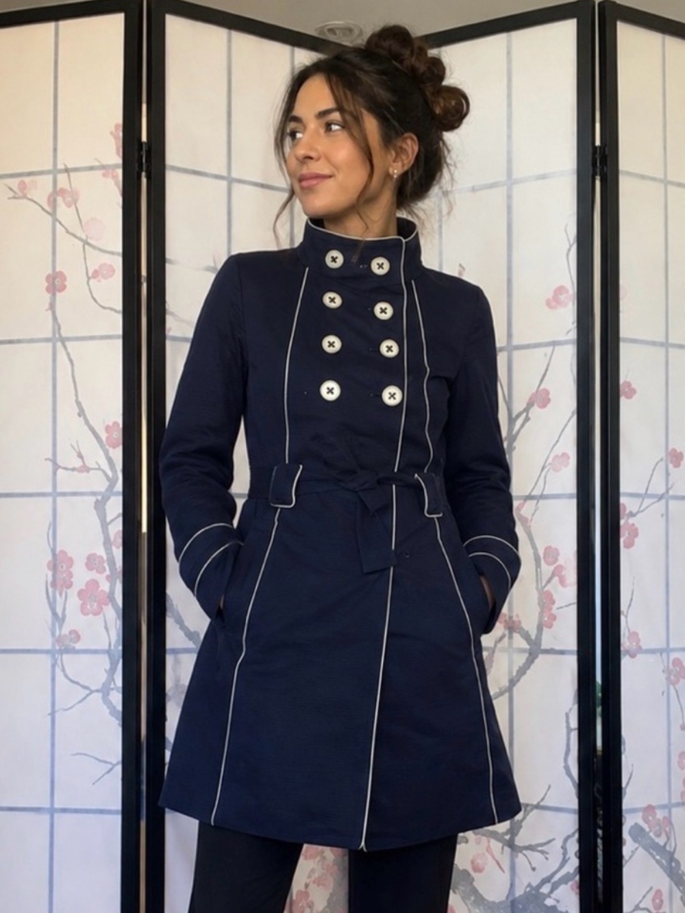 Merona Navy Double-Breasted Trench Coat with Contrast Piping